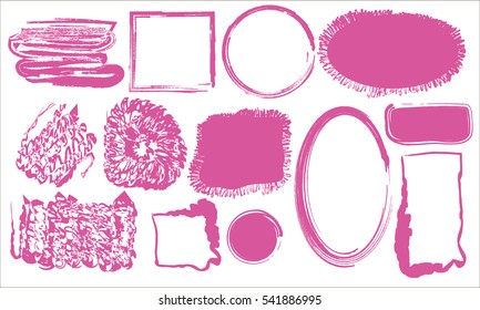 Set of pink hand-painted brush strokes. Paint stains on a white background. Artistic frame or banner. Pink frame shapes, Manual Template. invitations, holiday, logo design. Grunge vector.