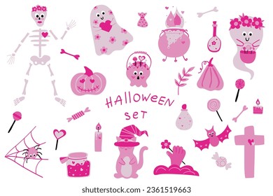 Juego de stickers rosados Happy Halloween. Conjunto bonito de colores rosados. calabaza, fantasma, ojos, bruja, caldero, araña, caramelos, esqueleto, murciélago, cruz, mano, vela