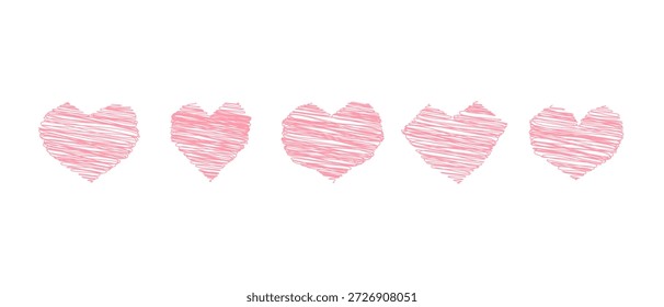 Conjunto de corazones dibujados a mano eclosionados rosados, Crayon corazones pegatinas para scrapbooking, Elementos para collages de San Valentín.