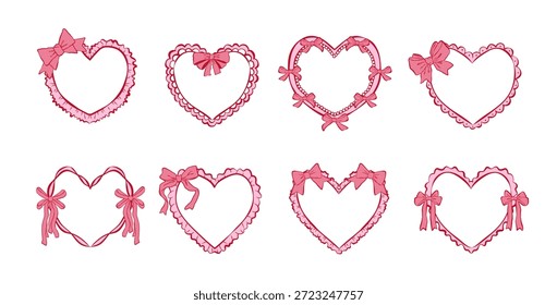 Conjunto de quadros de coração rosa com arcos, frills e fitas. Clipart romântico para cartões de Dia dos Namorados, convites de casamento, scrapbooking, mídias sociais. Elementos vetoriais para projetos de aniversário e noivas
