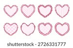 Set pink heart frames with frills and colorful backdrop. Romantic elements for Valentine’s Day cards, wedding invitations, girly baby shower, social media, stickers, labels. Flat vector illustration.