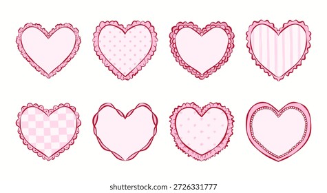 Definir quadros de coração rosa com babados e pano de fundo colorido. Elementos românticos para cartões de Dia dos Namorados, convites de casamento, chá de bebê feminino, mídias sociais, adesivos, etiquetas. Ilustração de vetor plano.