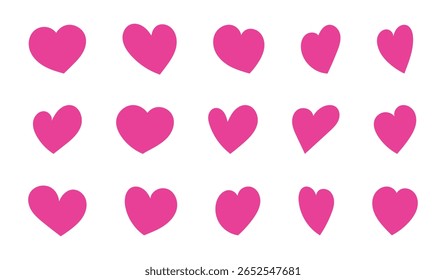 Set of pink heart icons in various cute styles on white background. Ideal for Valentine’s Day, love-themed graphics, wedding decor, girly stickers, social media posts, and kids designs.