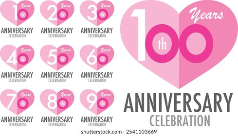 conjunto de coração rosa monocromático número de cor 10 20 30 40 50 60 70 80 90 e 100 cor rosa branca com palavras anos comemoração de aniversário, isolado no fundo branco.