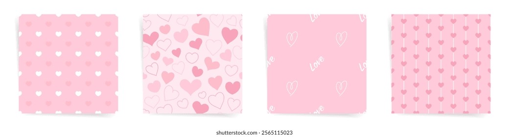 Set of pink heart seamless patterns. Polka hearts, scattered hearts, hand drawn love motifs, and vertical heart lines. Perfect Valentines day backgrounds for creative projects.