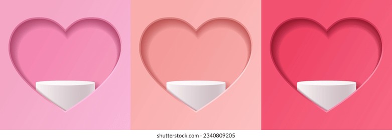 Set of pink heart shape for Valentine's Day concept backdrops, White cylindrical podiums for displaying products in pink, peach, and red heart shape window background, Vector illustration