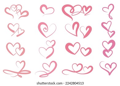 Set of Pink Heart symbol. Decorative Heart icon collection. Hand drawn heart icons for Valentines, Mother's day, Woman's day and wedding design. Vector illustration.