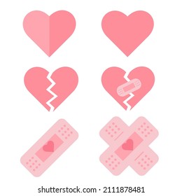 Set of pink hearts, broken heart and fixed with bandage. Valentines day, romantic or wedding concept. Vector