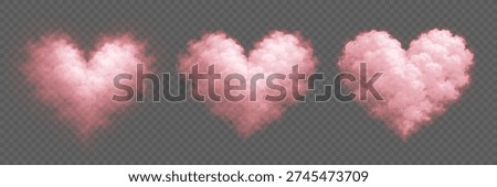 Set of pink hearts clouds isolated on transparent background. Soft fluffy smoke forming romantic heart symbols with realistic vapor texture for Valentines Day or wedding invitations. Vector.
