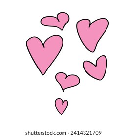 Set of pink hearts in doodles style on white background. Vector hand drawn clip art, decoration for Valentine's day, love romantic design