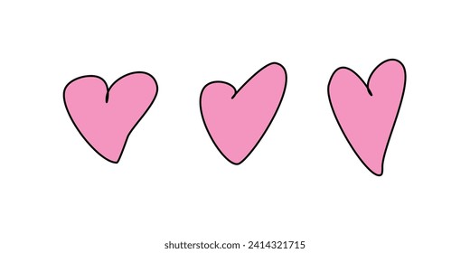 Set of pink hearts in doodles style on white background. Vector hand drawn clip art, decoration for Valentine's day, love romantic design