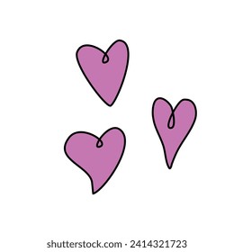 Set of pink hearts in doodles style on white background. Vector hand drawn clip art, decoration for Valentine's day, love romantic design