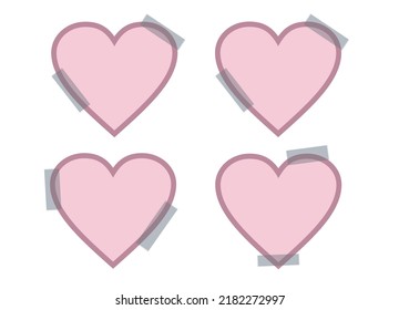 Set Of Pink Hearts With Duct Tape. Mockup For Your Design. Four Empty Hearts With A Frame. Holiday Card, Banner, Poster. Blank Template Isolated On White. Vector EPS10.