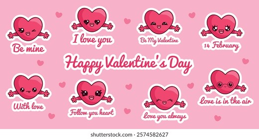 Set of pink hearts with inscriptions in kawaii style.Valentines for Valentine's Day.Vector illustration