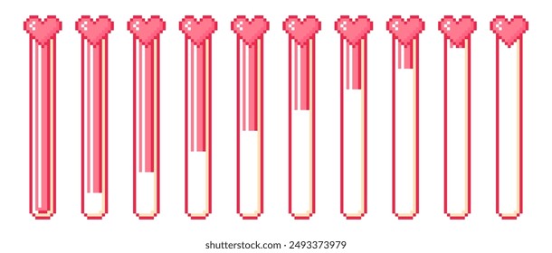 Set of pink hearts and life meters in pixel style. Pixel game life panels. Old game technology. Pixel life indicator tubes. Vector design in 8-bit retro style