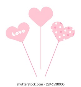 Set of pink hearts for lovers on stick holders with text, plain and polka dots