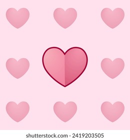 A set of pink hearts on a pink square background. In the center stands out a heart of large size with a dark outline. Postcard for Valentine s Day. Vector