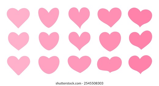 Un conjunto de corazones de color rosa sobre un fondo blanco. Pegatinas de corazones rosas de diferentes Formas. El concepto de San Valentín. Vector 10.