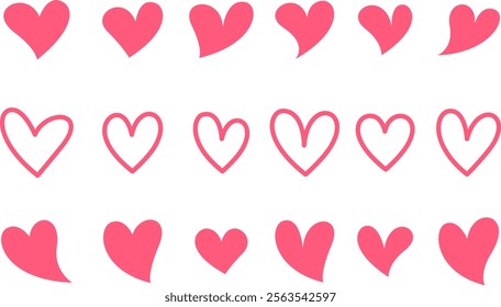 Set of pink hearts, stylized hearts of different shapes isolated from the background. Valentine's Day hearts. Vector illustration. Symbols of love, romance and wedding