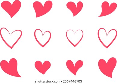 Set of pink hearts, stylized hearts of different shapes isolated from the background. Valentine's Day hearts. Vector illustration. Symbols of love, romance and wedding