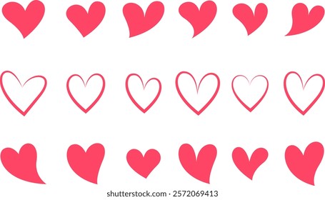 Set of pink hearts, stylized hearts of different shapes isolated from the background. Valentine's Day hearts. Vector illustration. Symbols of love, romance and wedding
