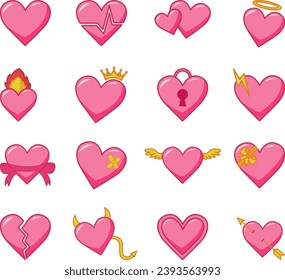Set of Pink Hearts. Symbol of Love. Collection of 16 Hearts. Vector Illustration of Hearts for Valentines Day