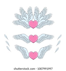 Set of pink hearts with white wings. Isolated vector objects on white background.
