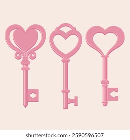 Set of pink heart-shaped keys on light yellow background. Valentine's day vector illustration.