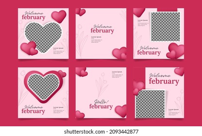 Set of Pink Hello February Flyer or Social Media Banner with cute 3d Love Ornament