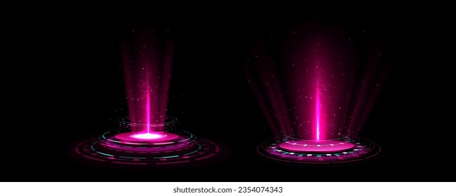 Set of pink high tech hologram portals with light effect. Vector realistic illustration of futuristic game technology, round podium with glowing laser beam, neon teleport illumination, scifi universe