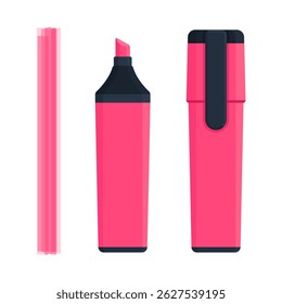 Set of pink highlighter marker pen with flat tip, stroke line, uncapped and capped version. Stationery, school and office supply. Flat vector illustration isolated on white background