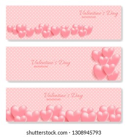 Set of the pink horizontal banners with hearts for Valentines Day, Wedding, or Mother Day Celebration. Vector illustration EPS10