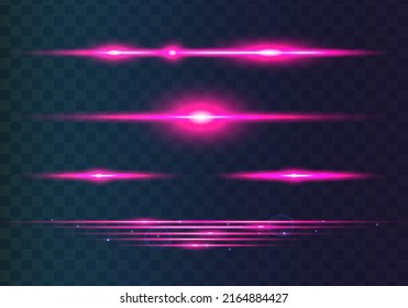 Set of pink horizontal lens flares pack. Abstract light flares, laser beams, sparkling lined, horizontal light rays. Vector illustration.