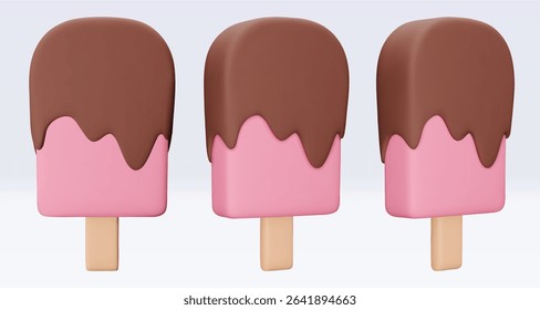 Set Pink Ice cream with chokolate glaze, icon, 3d render. Design elements. Realistic fast food icon. Sweet food. Vector illustration isolated on white for menu, shop, flyer, banner, web, adv, sale
