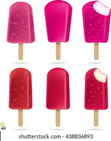 Set of pink ice cream pops on wooden sticks.