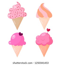 Set of pink ice creams in crispy cone waffles with hearts. Vector illustration on white background 