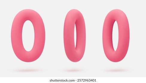 Set pink icon, 3d render number 0, zero, sign. Realistic design element. Vector illustration isolated on white for postcard, icons, poster, banner, web, design, arts