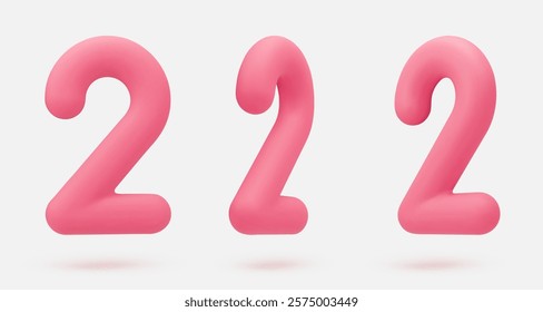 Set pink icon, 3d render number 2, two, sign. Realistic design element. Vector illustration isolated on white for postcard, icons, poster, banner, web, design, arts