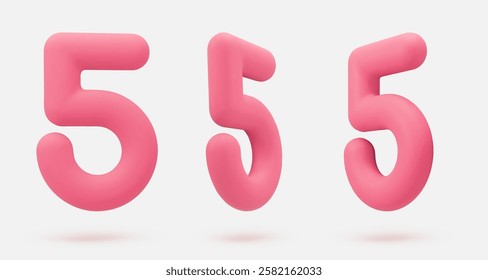 Set pink icon, 3d render number 5, five, sign. Realistic design element. Vector illustration isolated on white for postcard, icons, poster, banner, web, design, arts