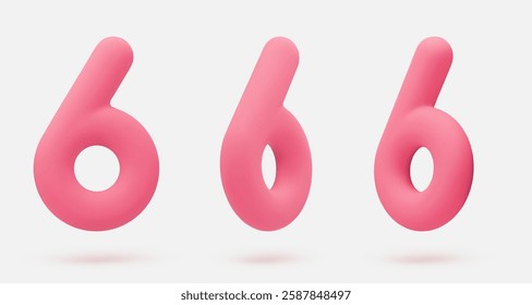 Set pink icon, 3d render number 6, six, sign. Realistic design element. Vector illustration isolated on white for postcard, icons, poster, banner, web, design, arts