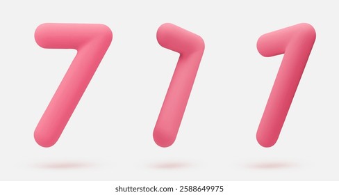 Set pink icon, 3d render number 7, seven, sign. Realistic design element. Vector illustration isolated on white for postcard, icons, poster, banner, web, design, arts