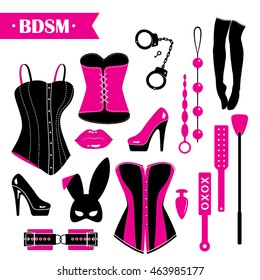 Set of pink icons BDSM. Vector illustration.