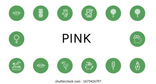 Set of pink icons. Such as Lip, Donut, Blushing, Dating app, Lollipop, Flamingo, Lips, Piggy bank, Parfume, Third gender , pink icons