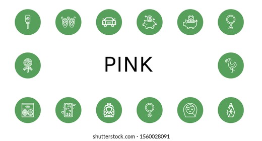 Set Of Pink Icons. Such As Lollipop, Ballet, Sportive Car, Piggy Bank, Third Gender, Donut, Dating App, Princess, Baby Girl, Parfume, Flamingo , Pink Icons