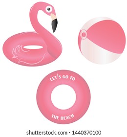 Set - pink inflatable items for swimming - ball, flamingo, circle - isolated on white background - vector