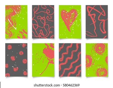 Set of pink ink hand drawing on gray and green background. Collection for your design, brush strokes element, vector abstract cards of standard format.