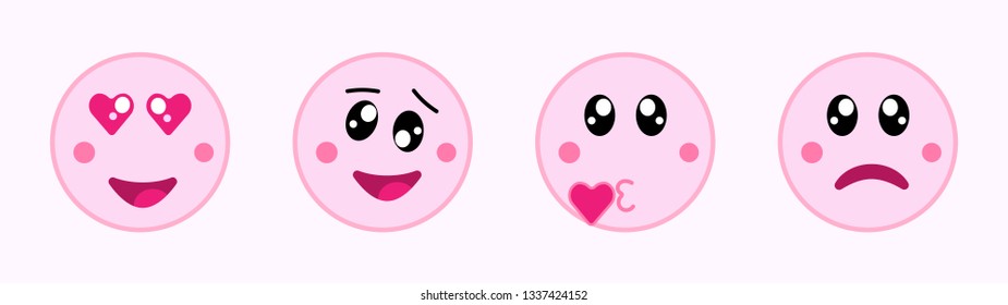 Set of pink kawaii cute faces and emoji with the image of a lover, a madman, a kissing and upset.