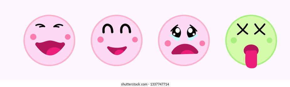A set of pink kawaii with cute faces and emoticons with a picture of laughing, poisoned, crying and happy.