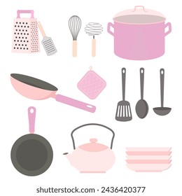 Set of pink kitchen utensil for cooking and restaurant illustration