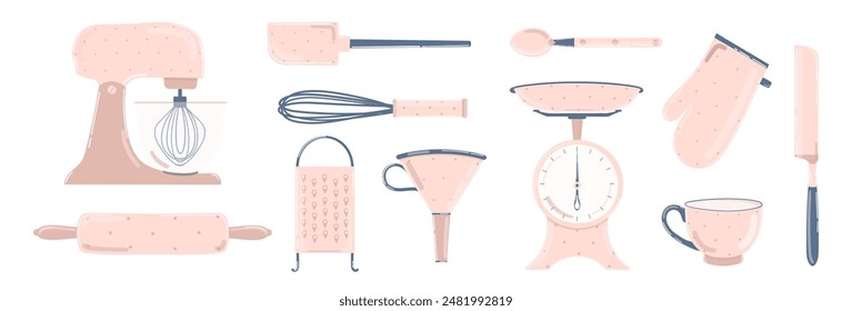Juego de utensilios de cocina rosa. Utensilios de cocina, herramientas, equipo de horneado. Colección de electrodomésticos y accesorios. Mezclador de mesa de soporte, básculas, portavasos, cuchillo para pastel, embudo, rodillo.